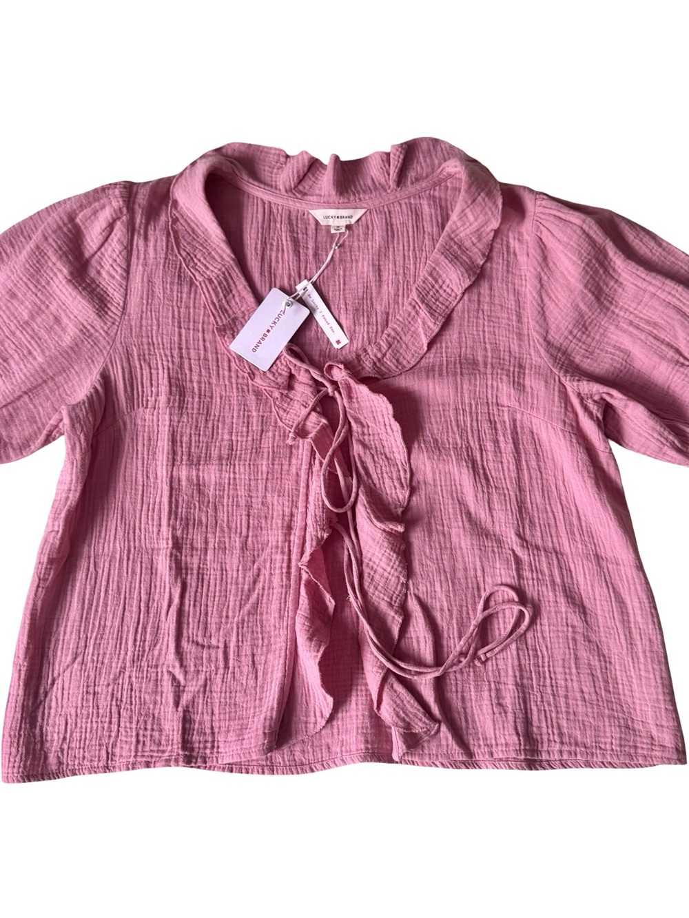 NWT Lucky Brand Women’s Pink Ruffle Tie Front Cotton Top Size M